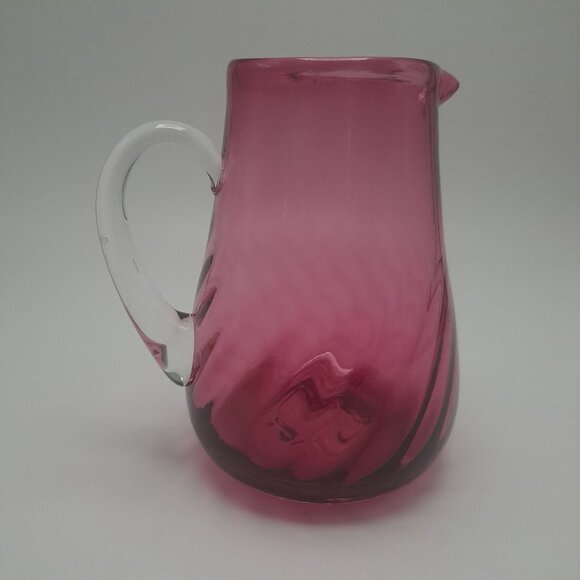 Hand Blown Pilgrim Cranberry Glass Pitcher Applied Clear Handle - Picture 4 of 11